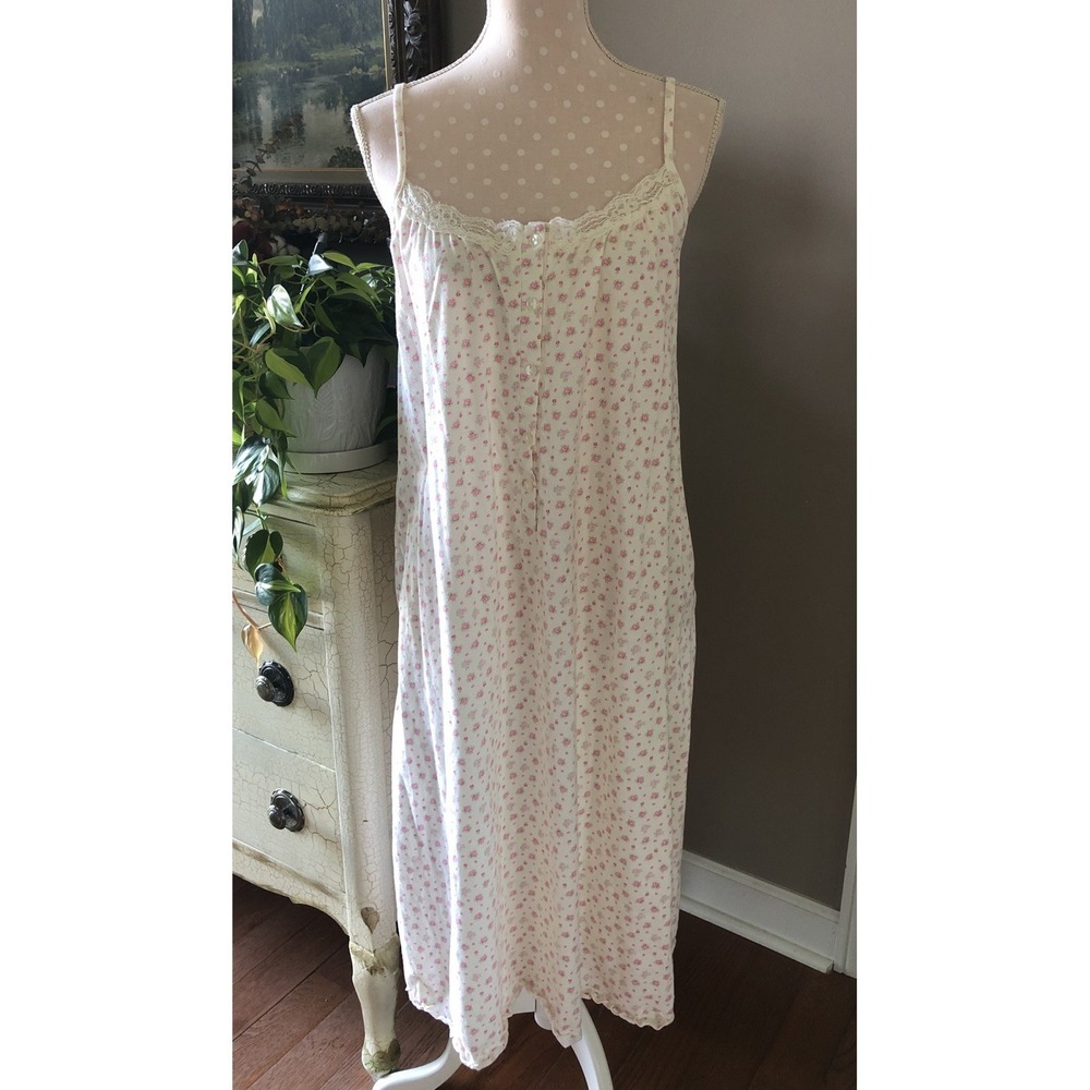 Vintage Floral Nightie Nightgown Lace Cottagecore Large Ivory Pink  Sleeveless